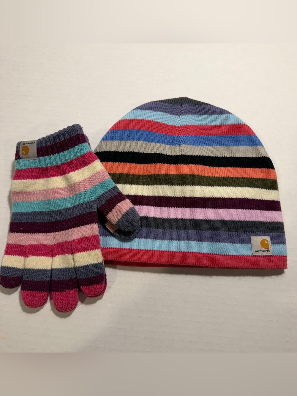 Carhartt Multicolor Stripe Beanie and Gloves Set - Pink/Blue.